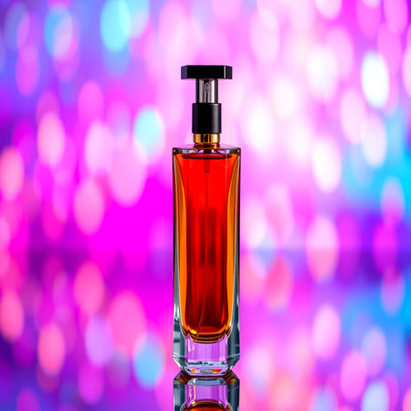 perfume bottle with colorful bokeh background, close upの写真素材