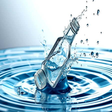Water splashing out of a bottle on blue background with ripplesの写真素材