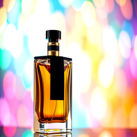 Bottle of perfume on a colorful bokeh background. 3d illustration