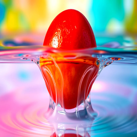 Egg in water with splash and colorful bokeh backgroundの写真素材