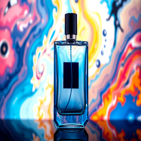 Perfume bottle on abstract colorful background. 3d illustration.の写真素材