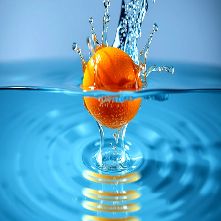 Falling orange into water with splash and ripples on blue backgroundの写真素材