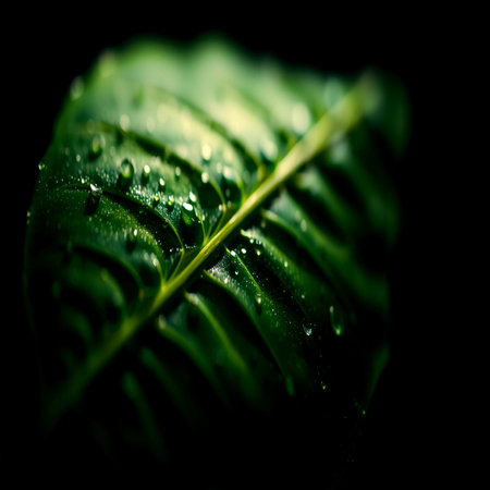 Green leaf with water drops on a black background, close-up
