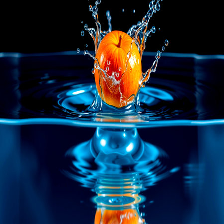 Orange fruit falling into water with splash and ripples on black backgroundの写真素材