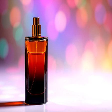 perfume bottle on bokeh background, 3d render