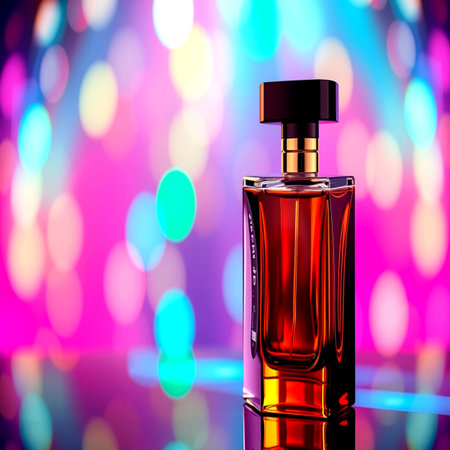 Perfume bottle on colorful bokeh background. 3d illustrationの写真素材