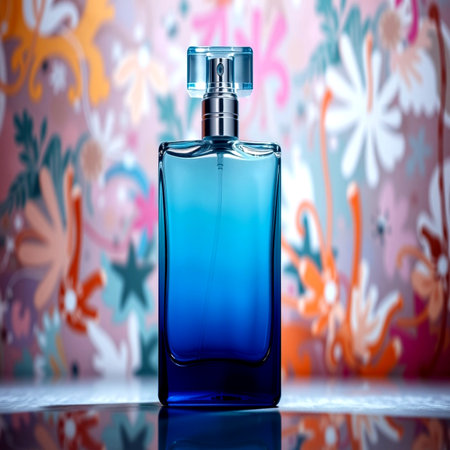 Perfume bottle on colorful floral background. 3d illustration.