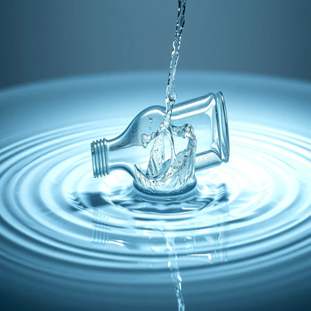 bottle of water falling into water with ripples and ripplesの写真素材