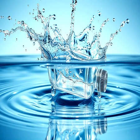 Water splash with a bottle on blue background. 3d rendering.