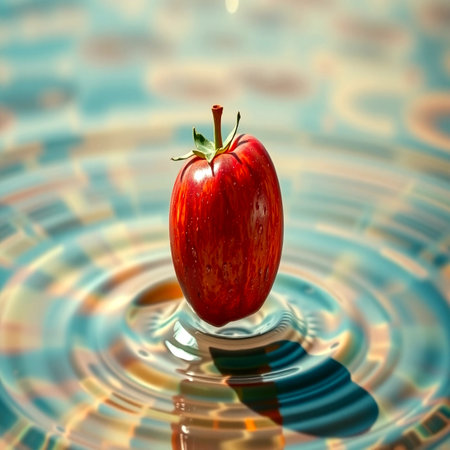 Red apple in water with reflection on rippled rippled surfaceの写真素材