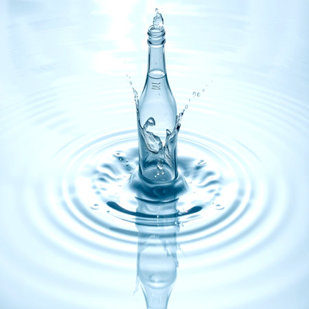 Water drop with ripples and ripples on a blue background.の写真素材