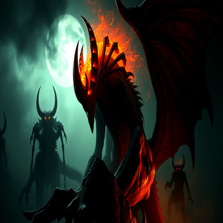 Fantasy dragon with fire and full moon. 3D illustration.