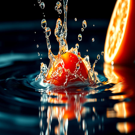 Water splash with fruits and vegetables. Orange and water drops on a black background.の写真素材