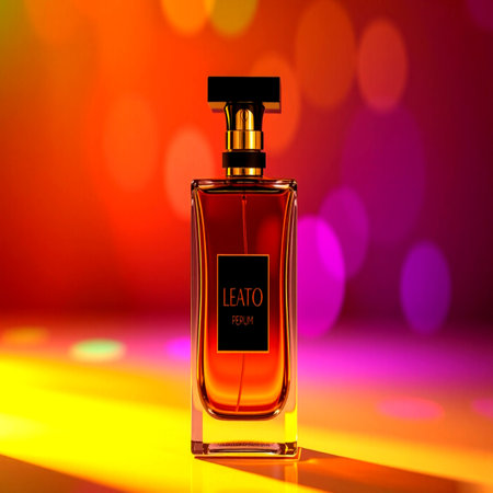 Perfume bottle on bokeh background. 3d illustration