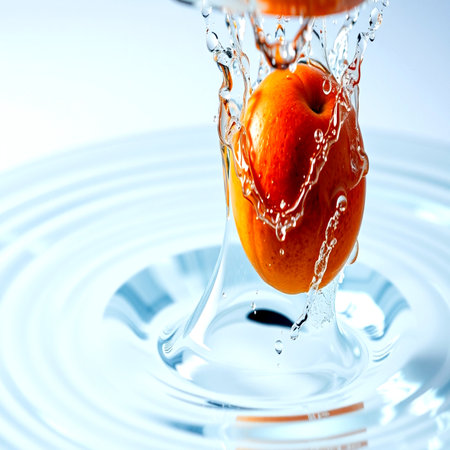 Water splash with fresh apricots. Shallow depth of field.の写真素材