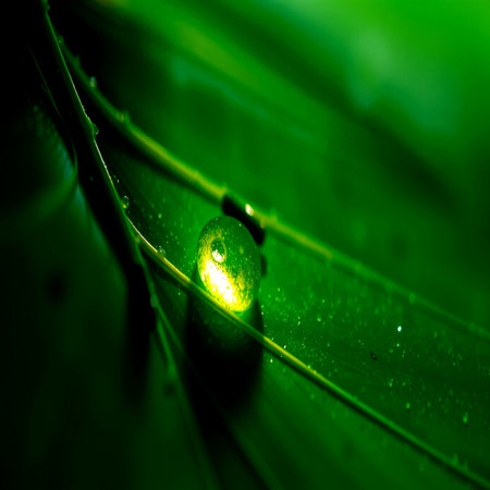 Water droplets on a green leaf. Shallow depth of field.の写真素材