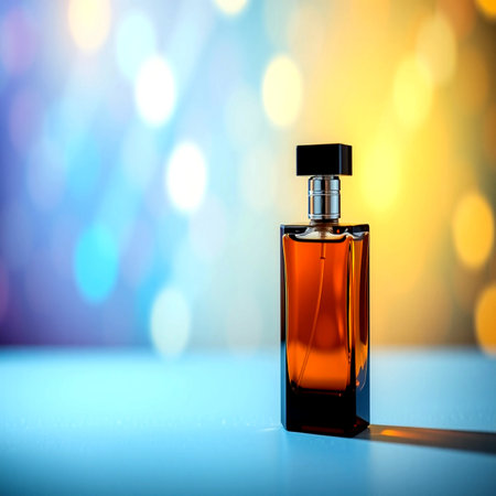Perfume bottle on colorful bokeh background. 3d renderingの写真素材