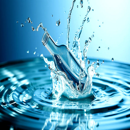 Water splash with bottle on blue background. 3d rendering, illustration.