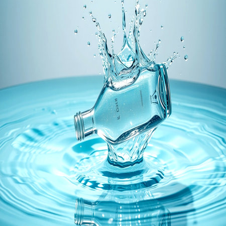 Water splash with bottle on blue background. 3d render illustration.の写真素材