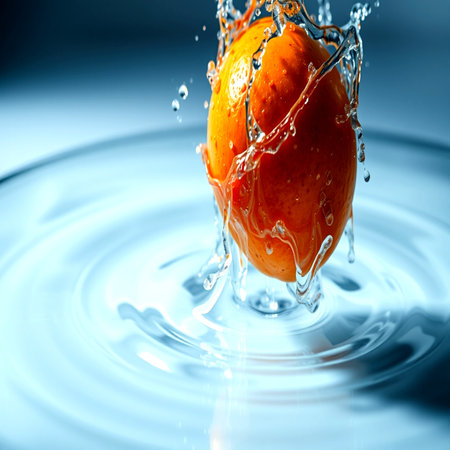 Water splash with fresh orange fruit on blue background. Shallow depth of fieldの写真素材