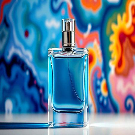 Perfume bottle on a blue background. 3d illustration.