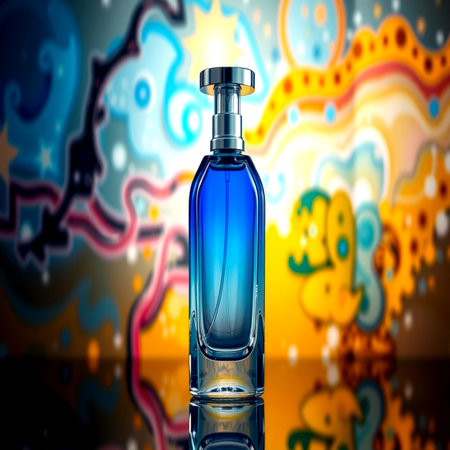 Perfume bottle on abstract colorful background. 3d illustration.の写真素材