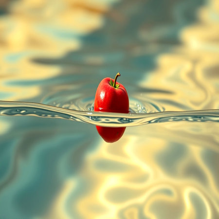 Red apple falling into the water. Conceptual image. 3D rendering