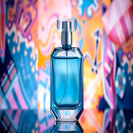 Perfume bottle on abstract colorful background. Perfumery concept.