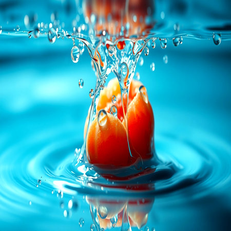 Macro photo of fresh orange fruits falling into water with ripples