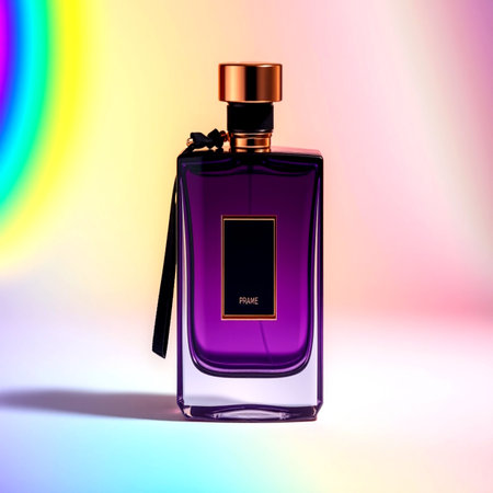 Perfume bottle on a rainbow background.の写真素材