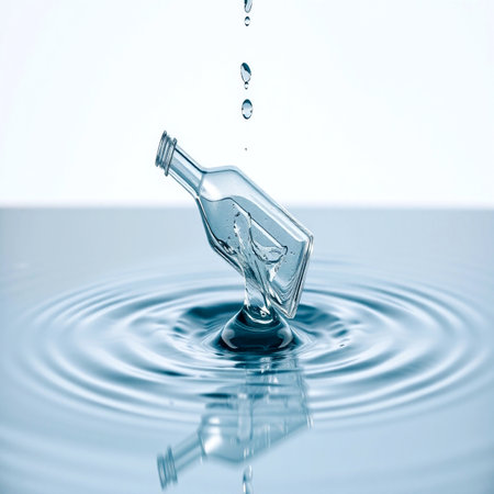 glass bottle falling into the water on a white background.の写真素材