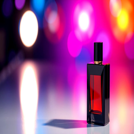 perfume bottle on a bokeh background, 3d renderの写真素材