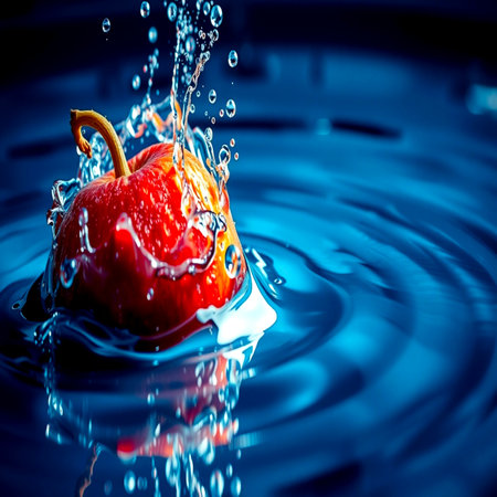 Red apple falling into water with splash and ripples on blue backgroundの写真素材