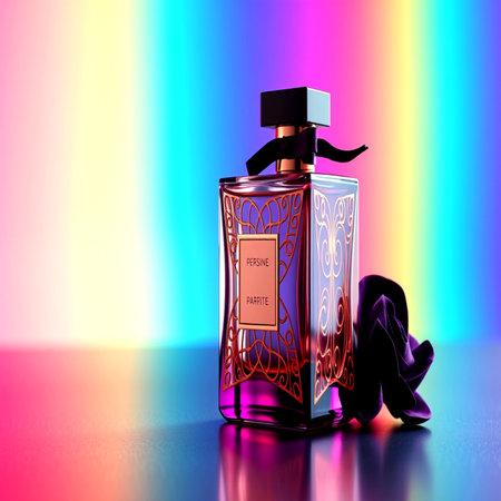 Perfume bottle on a colorful background. 3D illustration.の写真素材