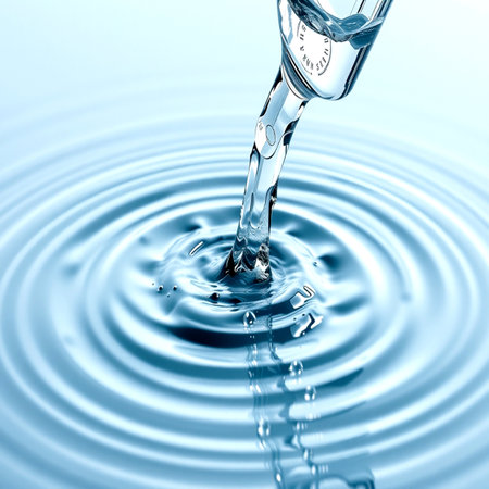 Pouring water into a glass with ripples on a blue backgroundの写真素材