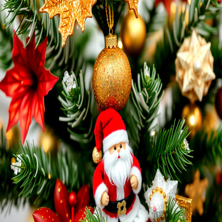 Santa Claus toy on Christmas tree background. Christmas and New Year concept.の写真素材