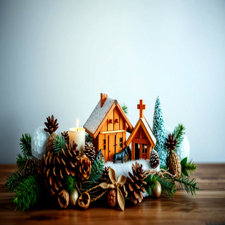 Christmas decoration with wooden house, candle and fir tree branches on wooden tableの写真素材