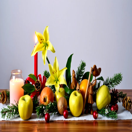 Christmas still life with apples, pine cones, candles and yellow liliesの写真素材