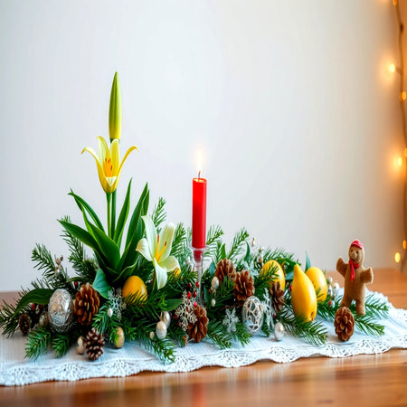 Christmas and New Year decoration with burning candles, fir branches, pine cones, gingerbread man, snowflakes, yellow lily flowers.の写真素材