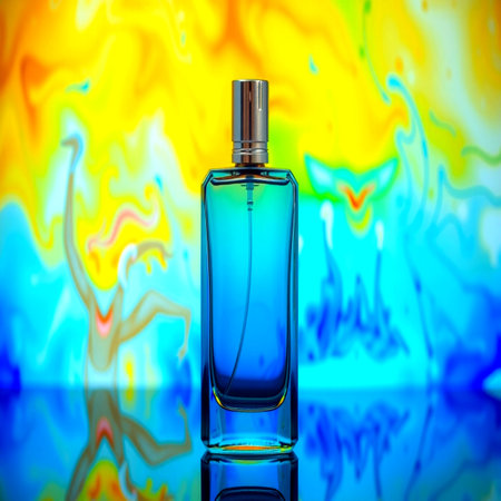 Perfume bottle on abstract colorful background. Perfumery and beauty concept.