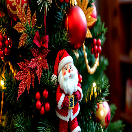 Christmas tree with Santa Claus and red baubles on the backgroundの写真素材