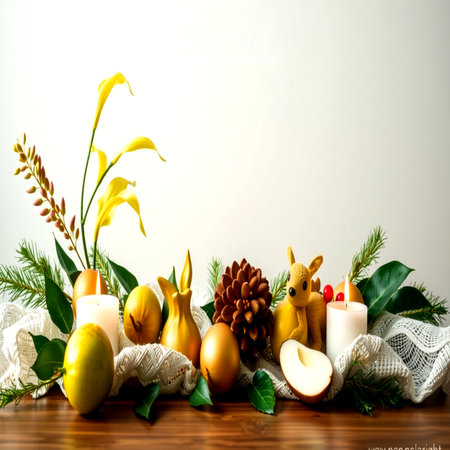 Easter decoration with golden eggs, flowers and bunny on wooden tableの写真素材