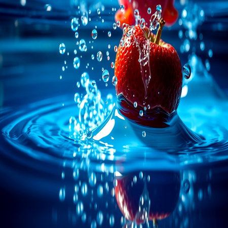 Strawberry falling into water with splash and drops on blue backgroundの写真素材