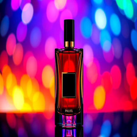 Perfume bottle on colorful bokeh background, closeupの写真素材