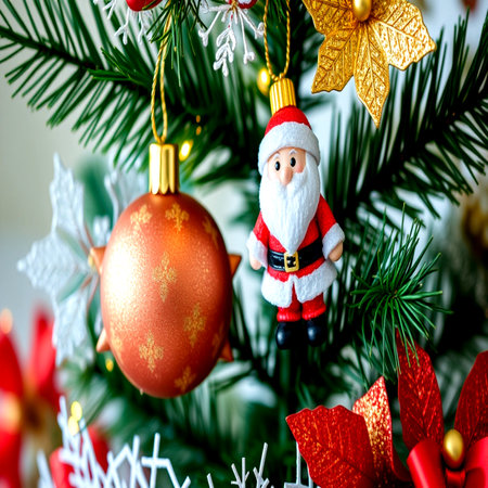 Christmas and New Year background. Decorated Christmas tree on blurred background.の写真素材