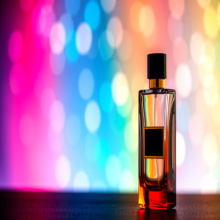 Perfume bottle on colorful bokeh background. 3d illustrationの写真素材