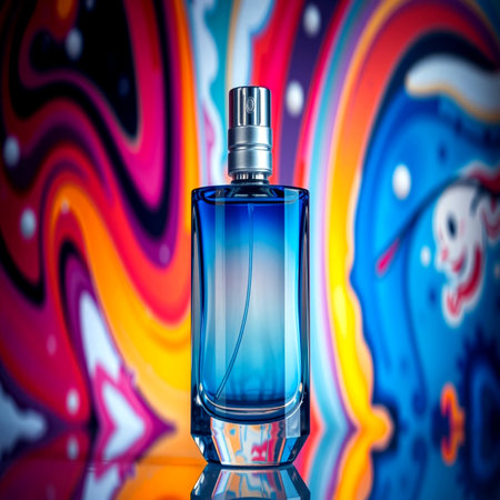Perfume bottle on abstract colorful background. 3D illustration.