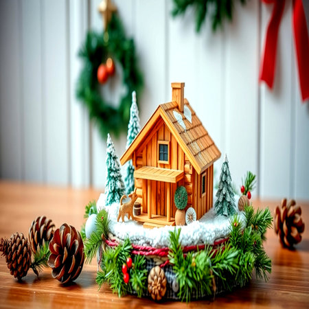 Christmas decoration with wooden house and christmas tree on wooden background.の写真素材