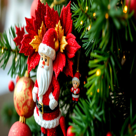 Christmas tree decoration with Santa Claus toy on blurred background, Merry Christmas and Happy New Year conceptの写真素材