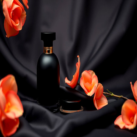 Black cosmetic bottle on black silk background with flowers. Mockup for designの写真素材